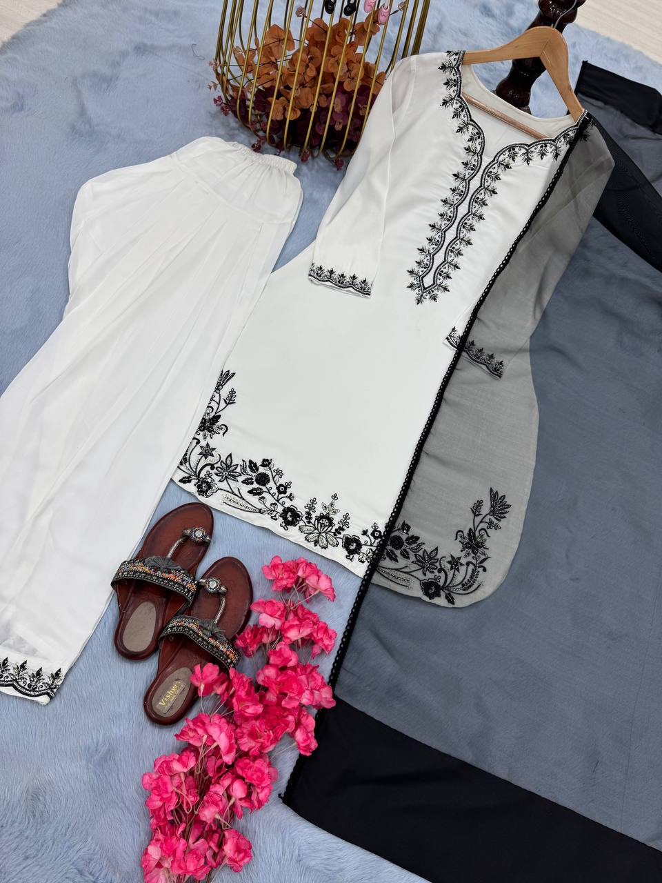 Designer Natural Crepe Top with Farshi Plazzo & Dupatta – Beads, Embroidery & Sequence Work