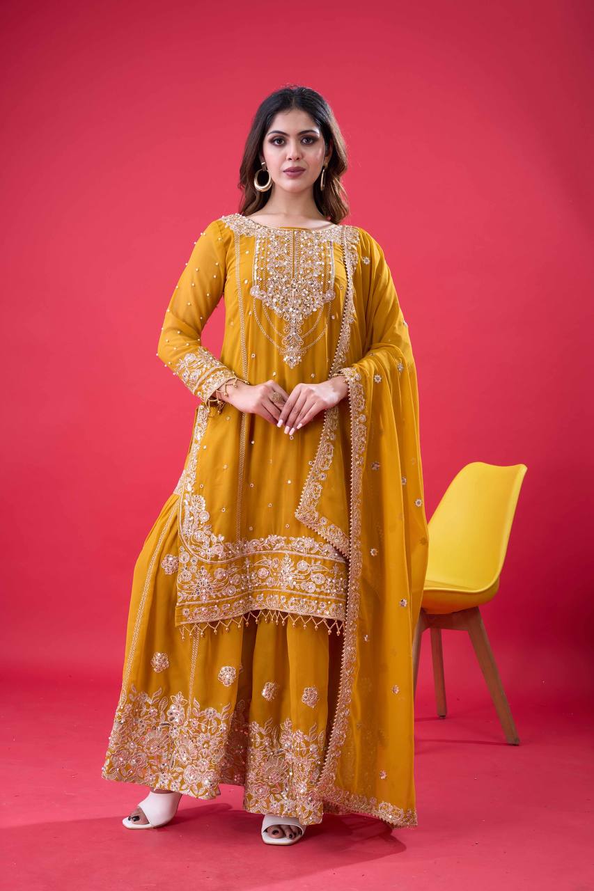 Designer Faux Georgette Top & Plazzo Set with Dupatta – Heavy Embroidery, Dori & Sequence Work