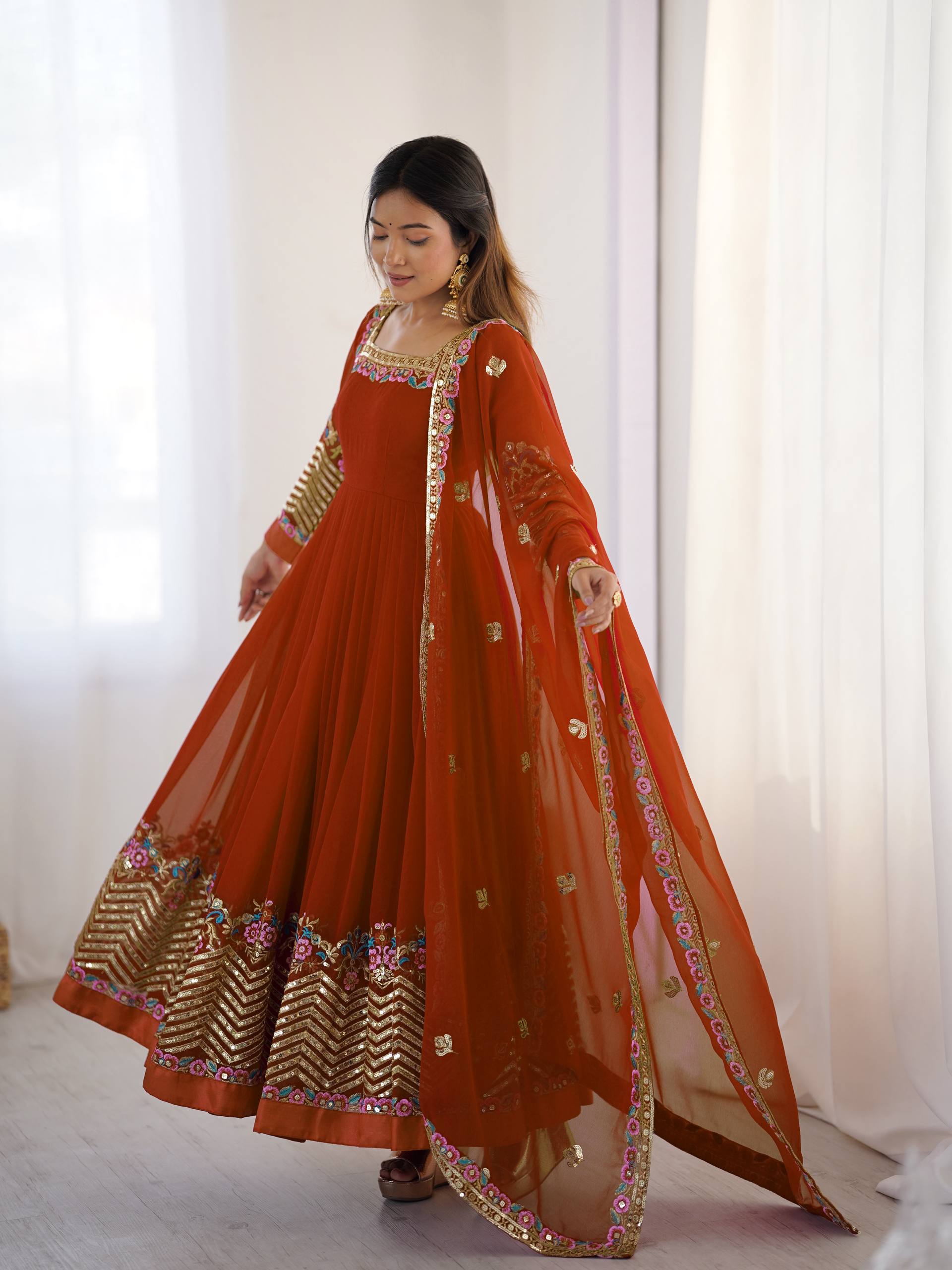 Designer Heavy Georgette Gown Set with Bottom & Dupatta – Multi Thread Embroidery & Sequence Work