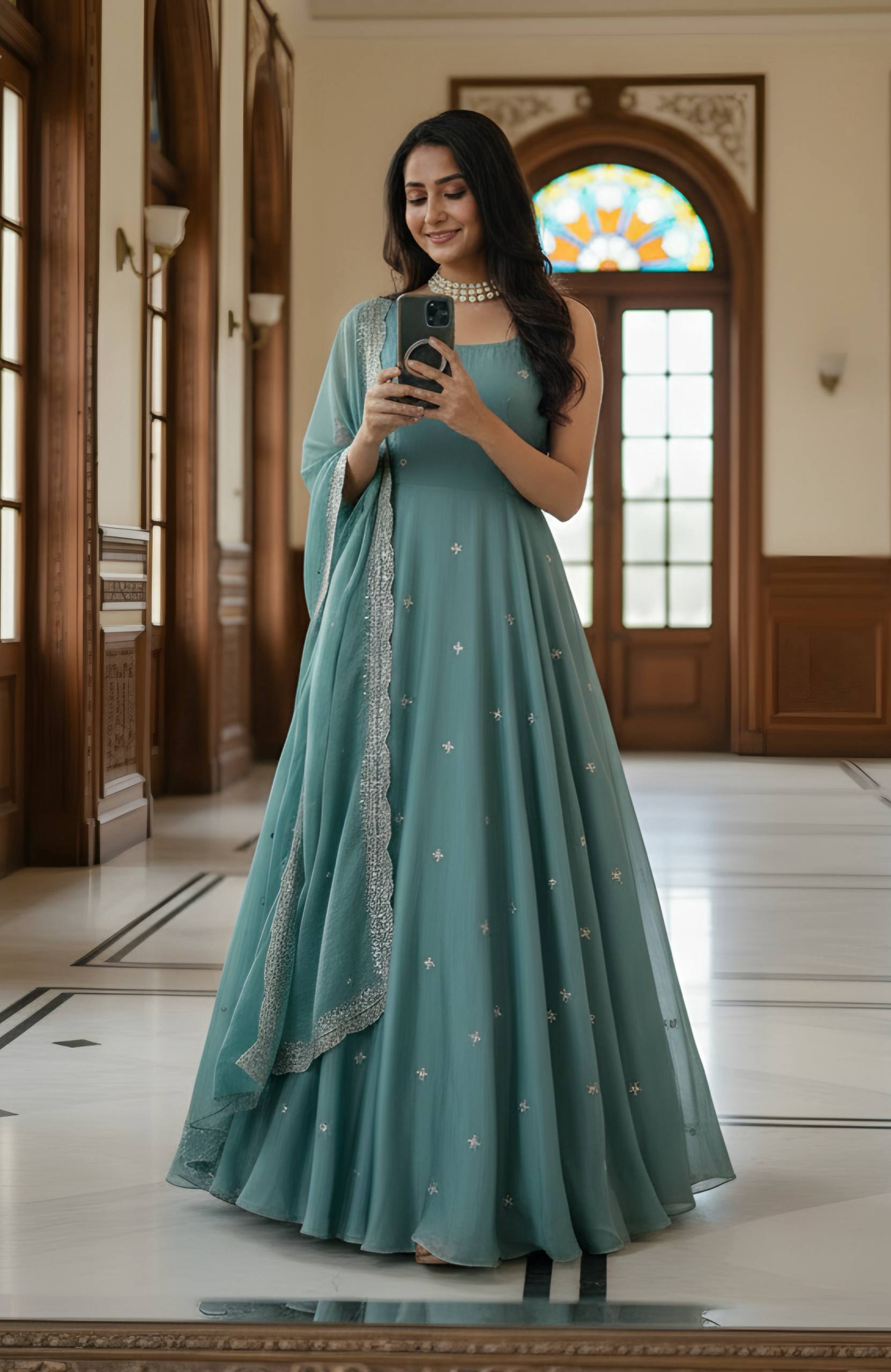 Modern Pastel Teal Anarkali Gown with Dupatta And Embroidery Work