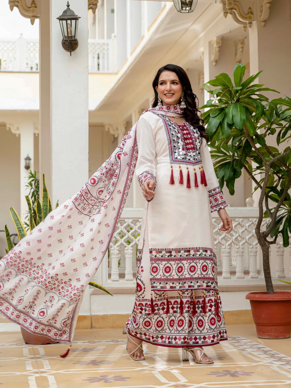 DESIGNER WEAR TRENDING TOP WITH PRINTED WORK AND REAL MIRROR WORK WITH PLAZZO AND DUPATTA SET