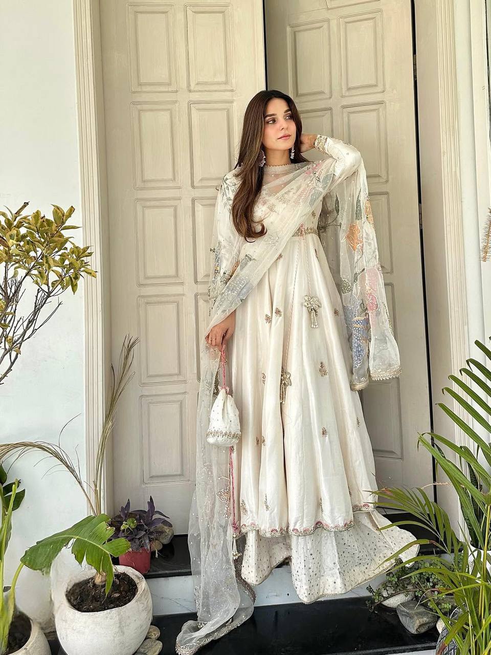 Off White Chinon Embroidery Lace Work Gown