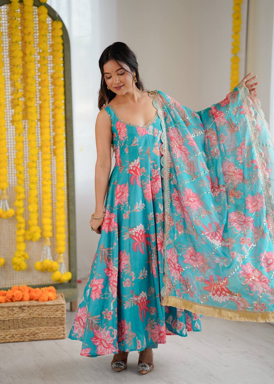 Rama Blue Colour Muslin Floral Print Anarkali Kurtis