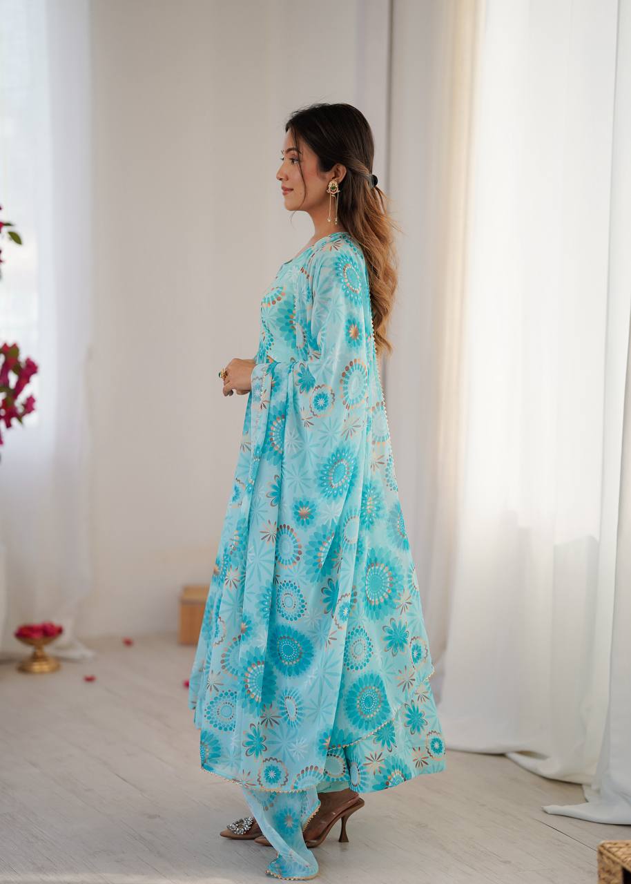 Womens Blue Printed Anarkali Kurta With Trousers & Dupatta