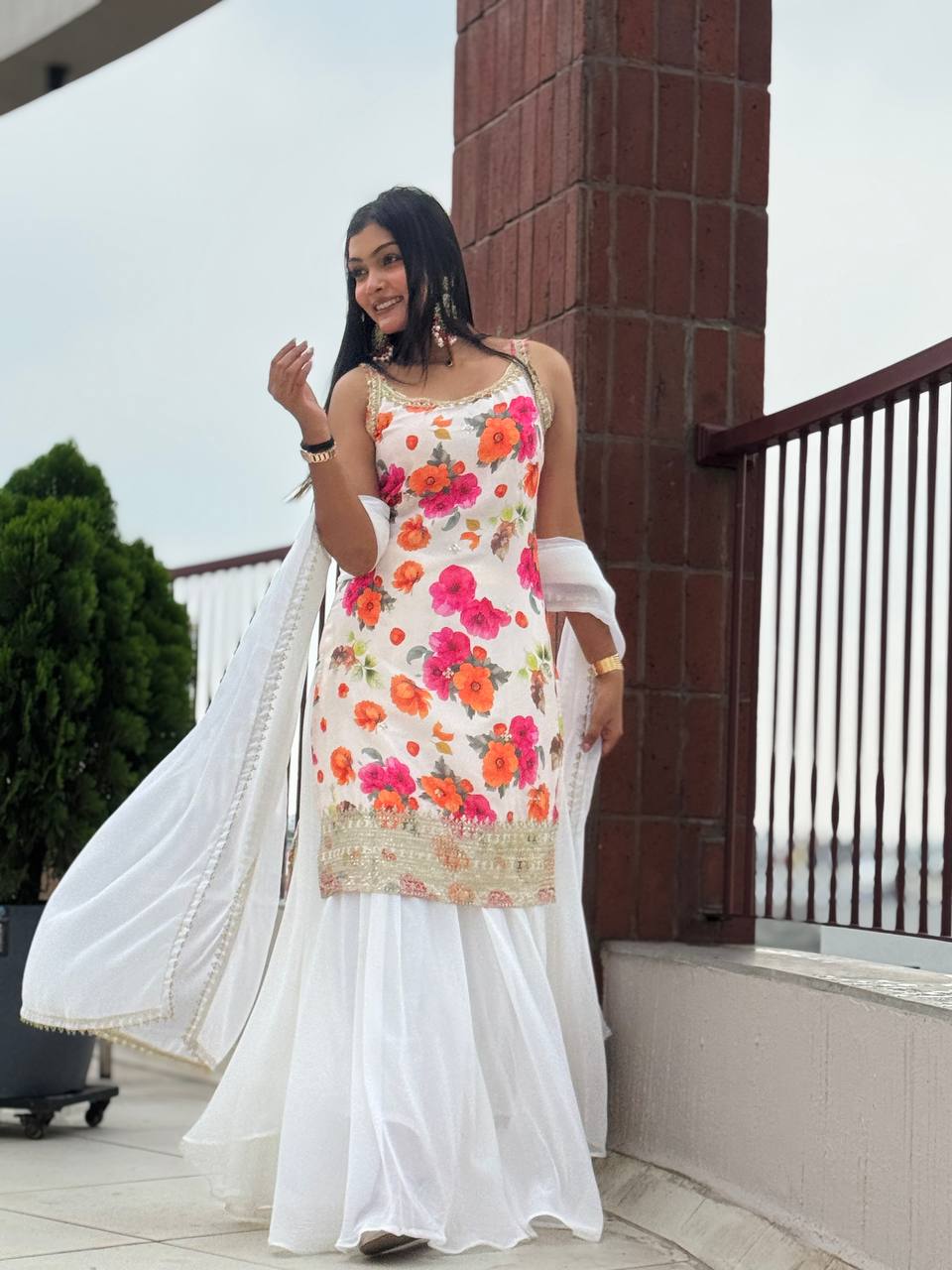 Exclusive  White Chinon Silk Kurti with Flared Plazzo and Lace Dupatta
