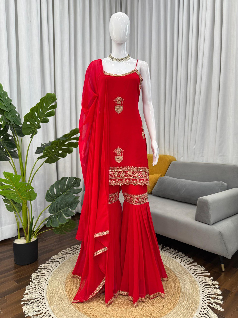 Designer Red Color Sharara Suit