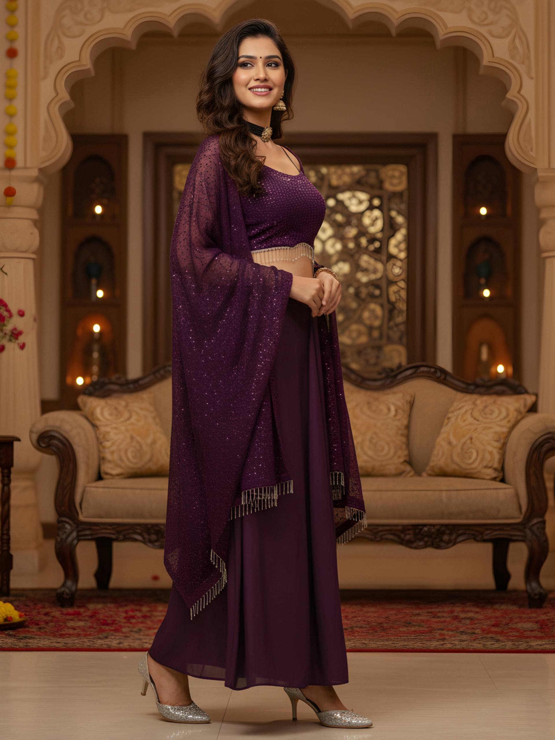 Purple Embroidered Silk Sangeet Readymade Palazzo Set