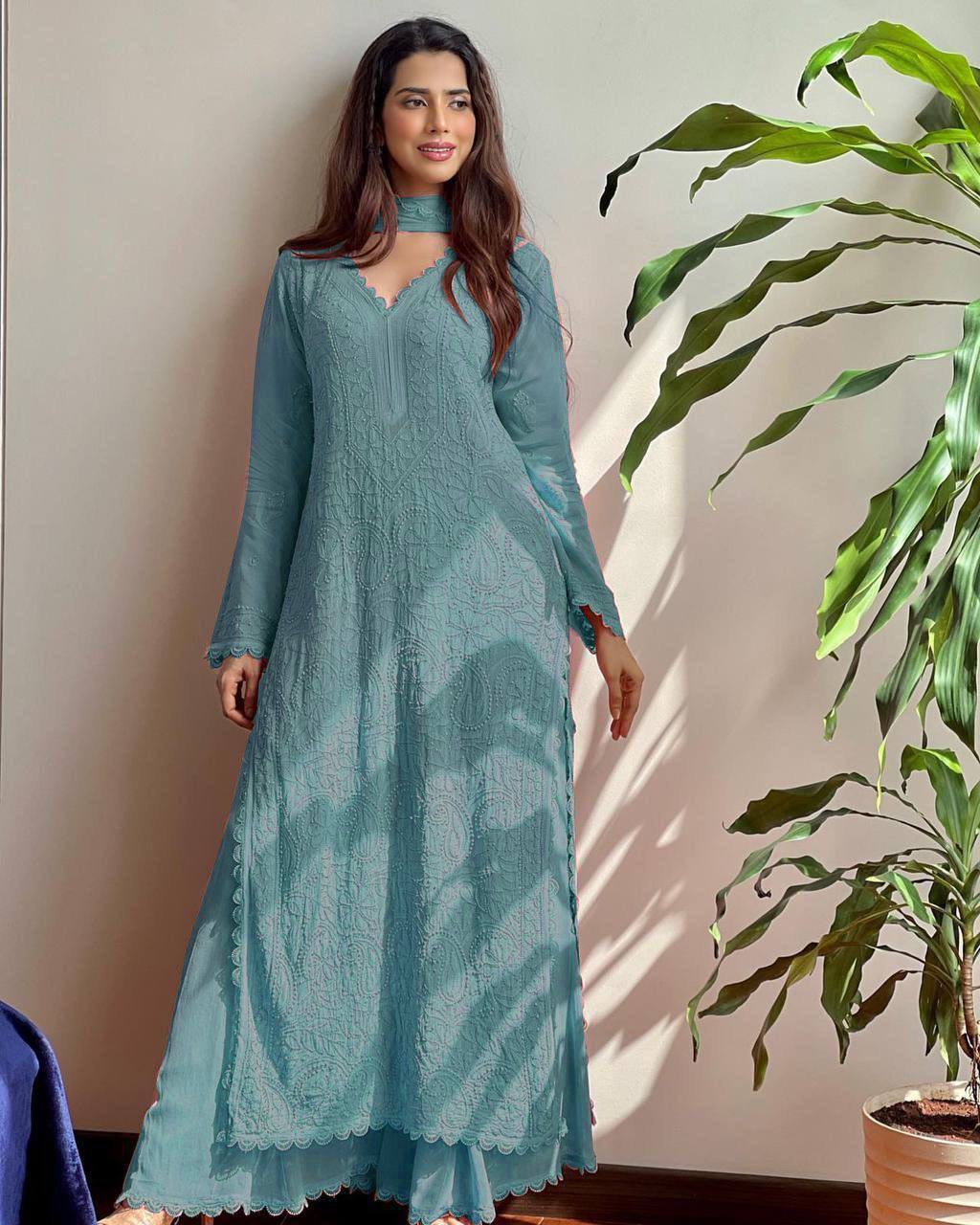 New Ash Blue Trend Chikankari special Ethnic Set