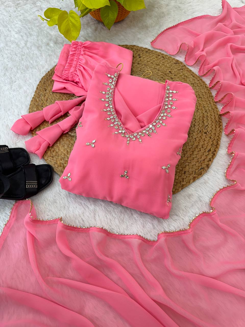 Women Empire Mirror Work Kurta with Trousers & Dupatta