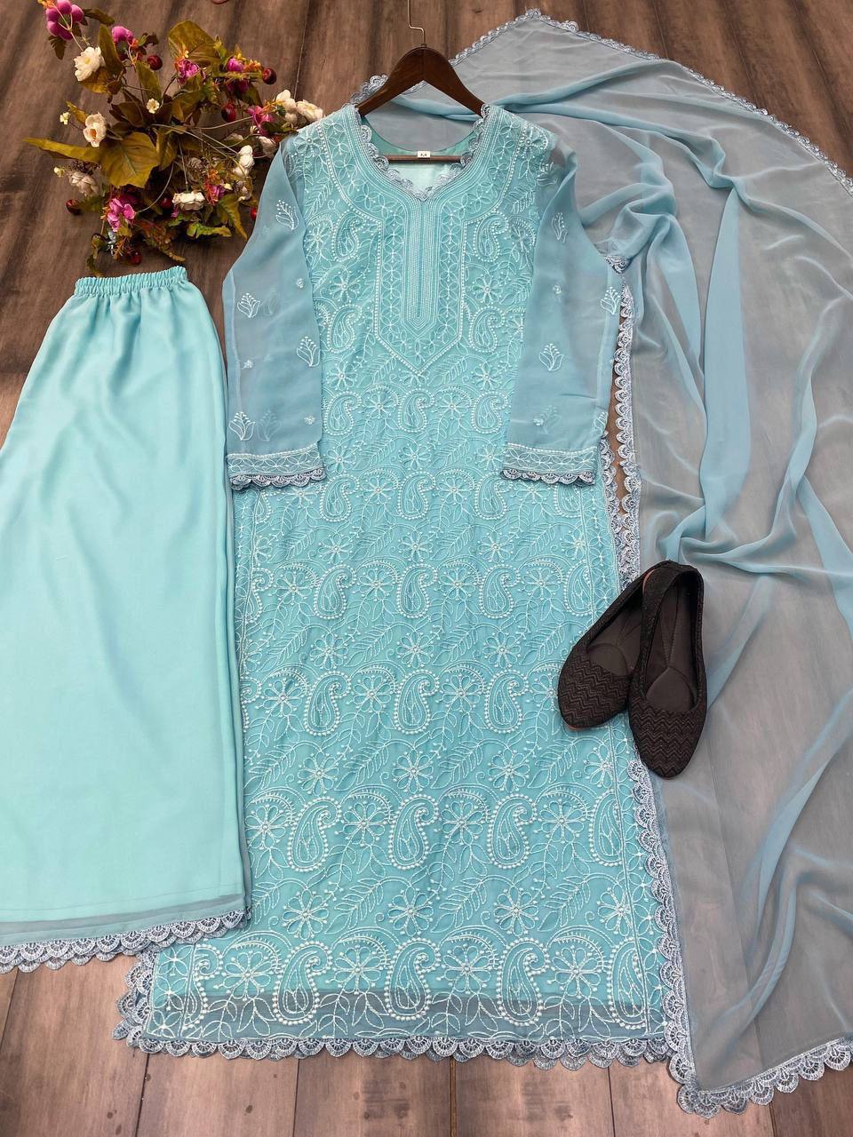 New Ash Blue Trend Chikankari special Ethnic Set