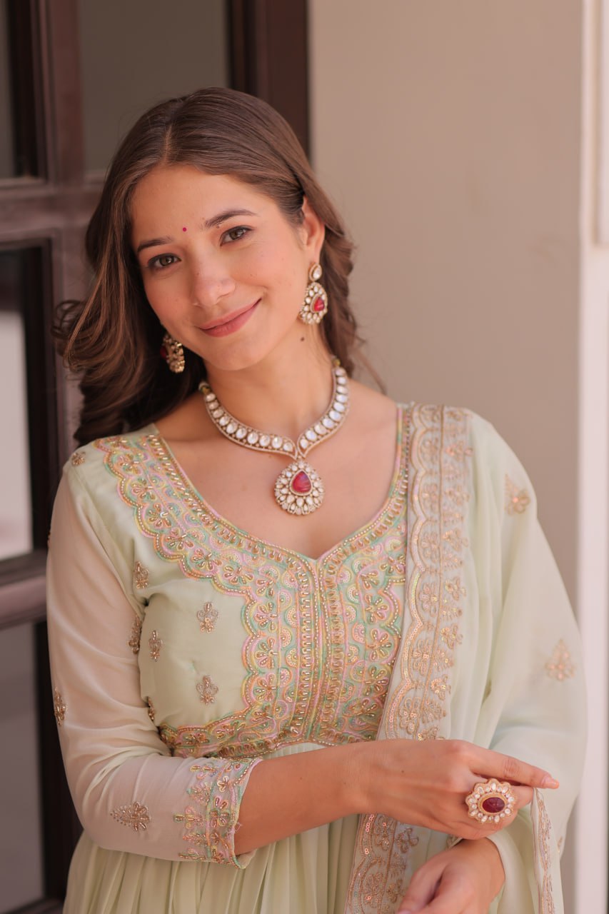 Pista Star Georgette Gown with Dupatta – Beads & Sequins Multi-Embroidery