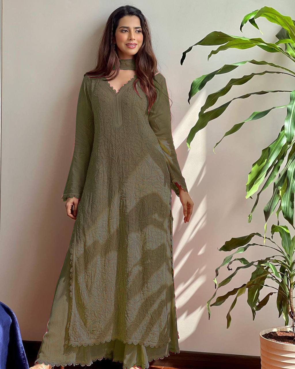 New Olive Green Trend Chikankari special Ethnic Set