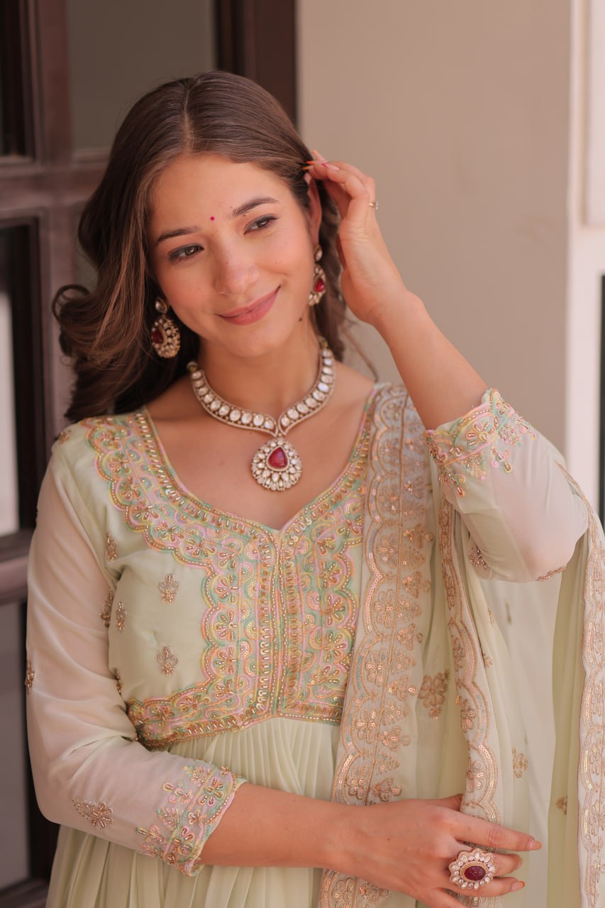 Pista Star Georgette Gown with Dupatta – Beads & Sequins Multi-Embroidery