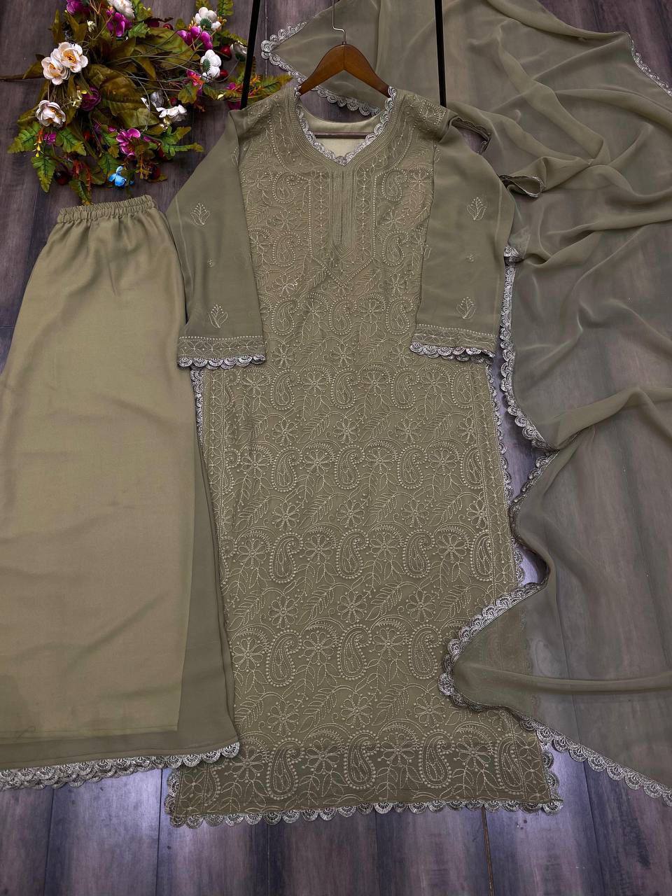 New Olive Green Trend Chikankari special Ethnic Set