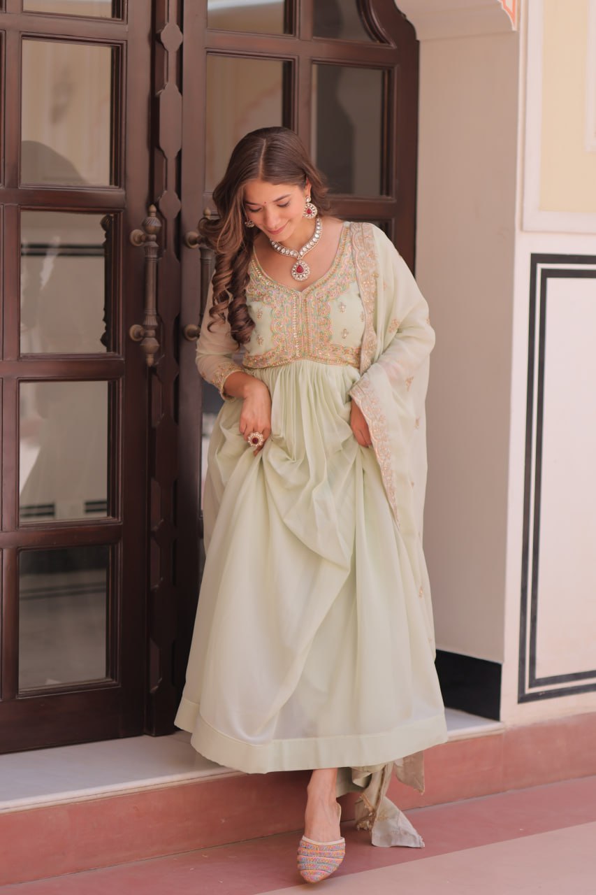 Pista Star Georgette Gown with Dupatta – Beads & Sequins Multi-Embroidery