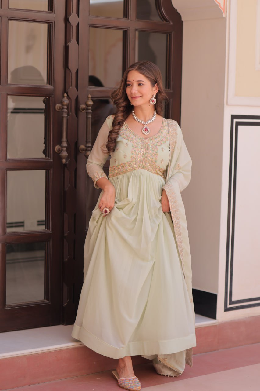 Pista Star Georgette Gown with Dupatta – Beads & Sequins Multi-Embroidery