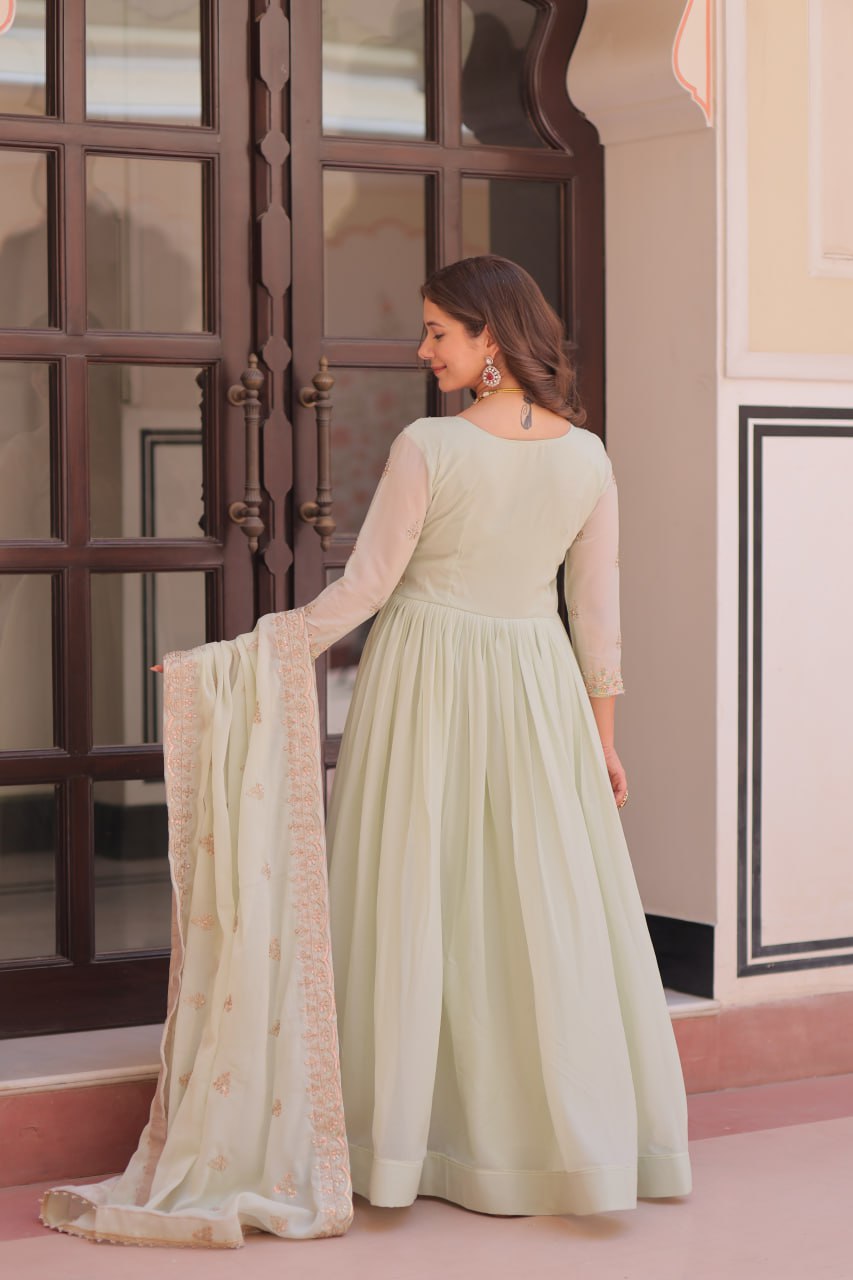 Pista Star Georgette Gown with Dupatta – Beads & Sequins Multi-Embroidery
