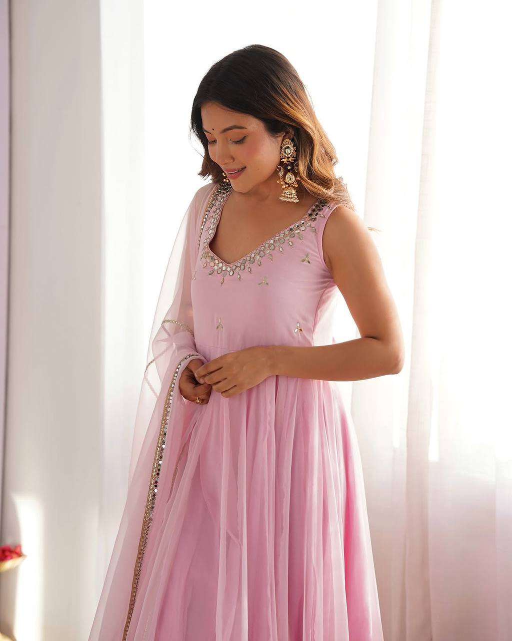 Women Empire Mirror Work Kurta with Trousers & Dupatta