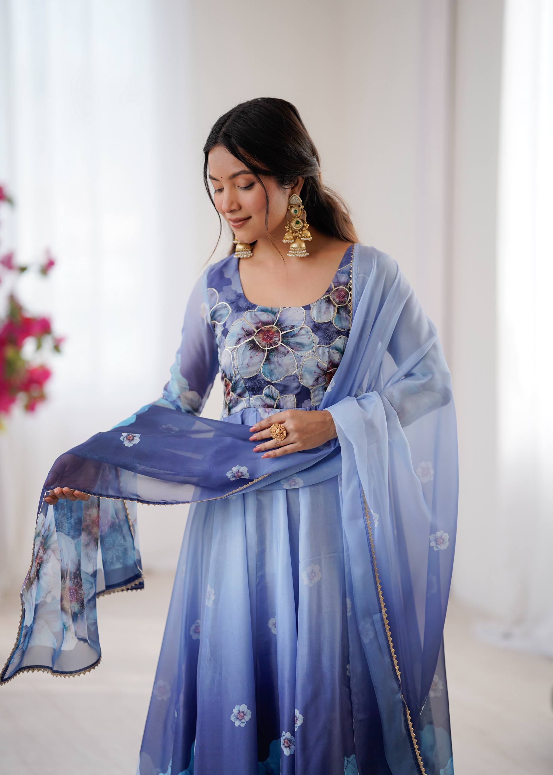 Organza Blue Festival Wear Digital Print Work Readymade Gown