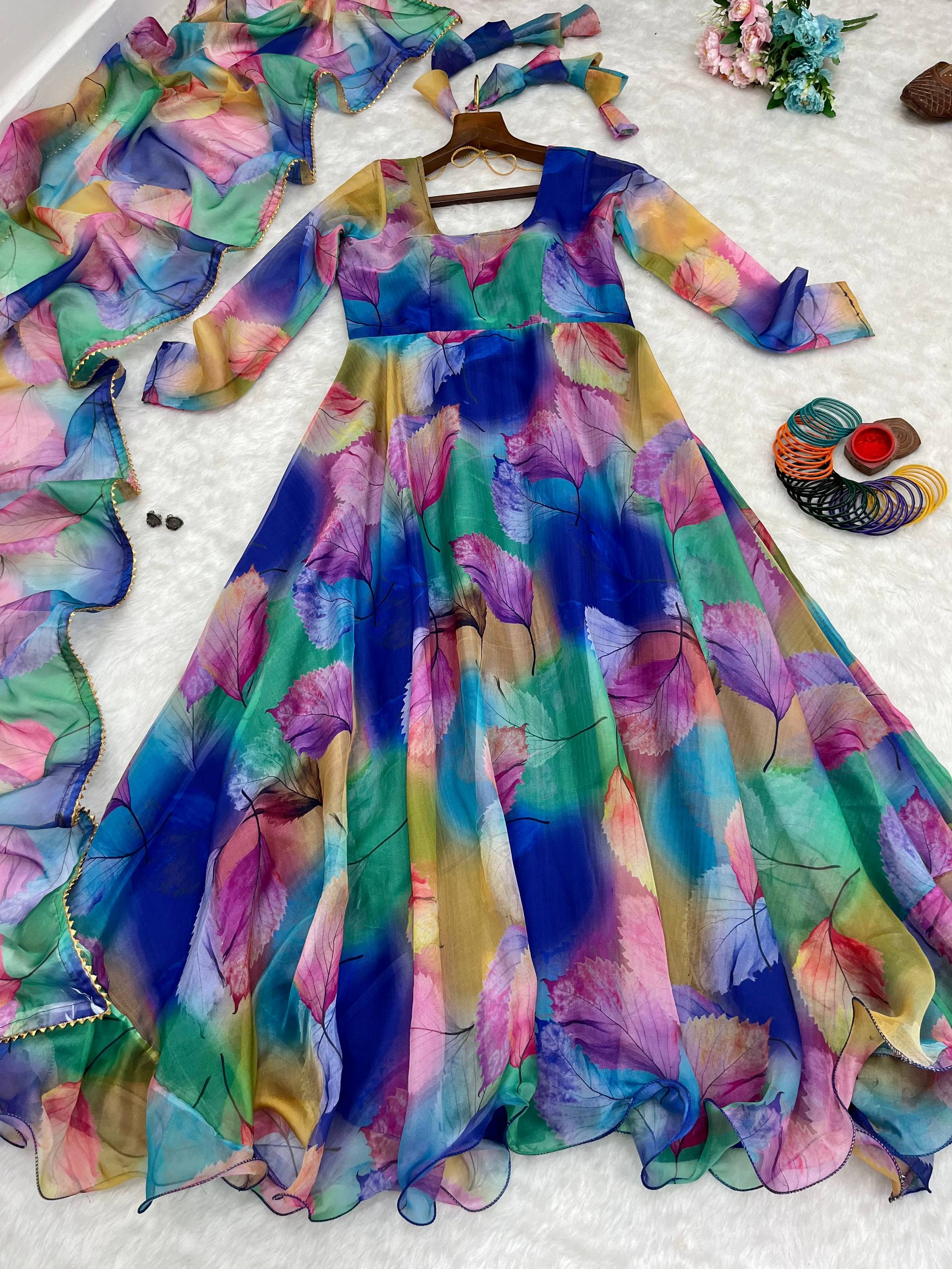 Women's Organza Anarkali Floral Printed Kurta Pent Set with Dupatta Set Anarkali Kurti for Women