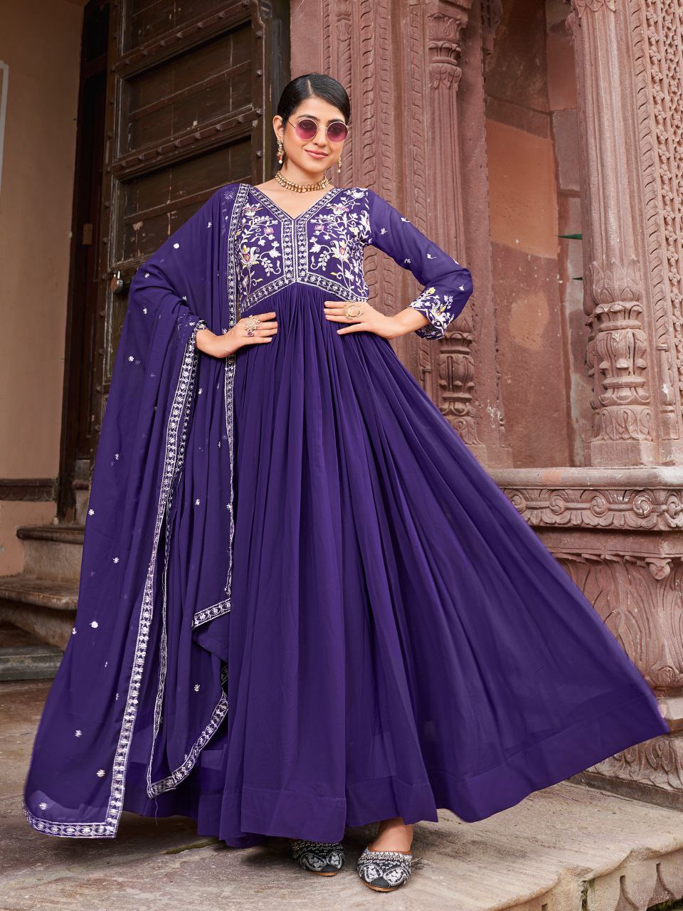 Premium Designer Readymade Gown with Dupatta – Zari & Sequins Embroidery