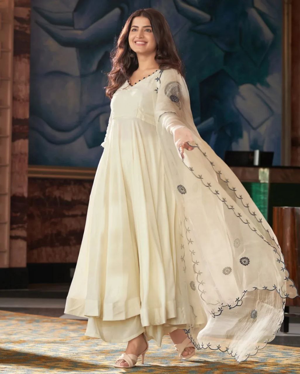 Rangrasa Blue Cream Embroidered Muslin Silk Suit Set