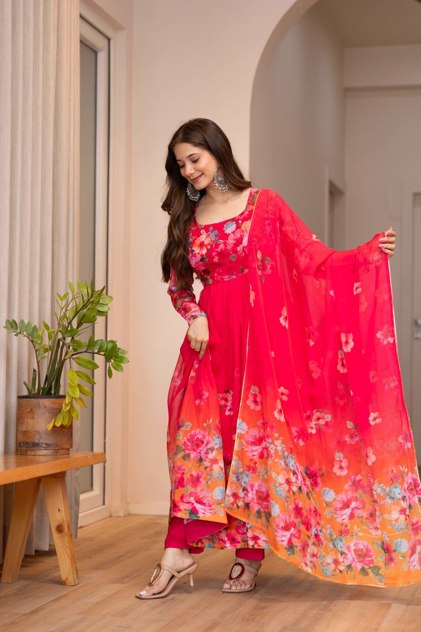 Women Floral Printed Tiered Kurta & Trousers With Dupatta