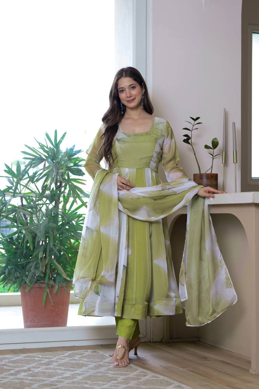 Floral Printed Anarkali Kurta With Trousers & Dupatta