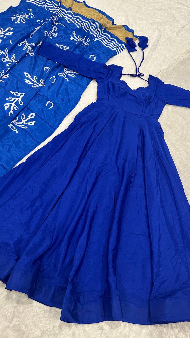 Blue Regal Chinon Silk Anarkali Gown with Digital Print Dupatta