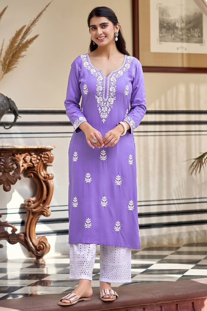 Women Lavender Ethnic Motifs Embroidered Round Neck Viscose Rayon Kurta & Trouser