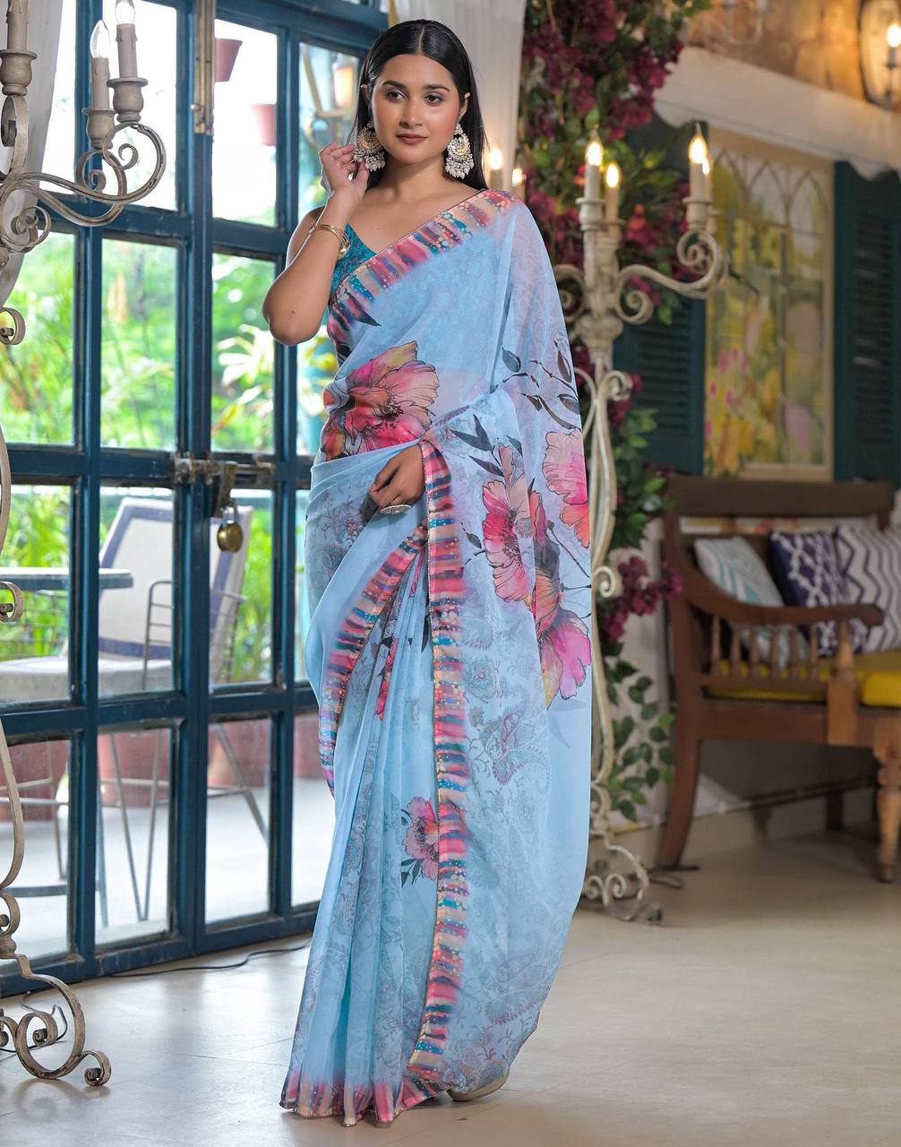 Heavy Georgette Silk Printed Saree with Valmoti Work Border & Unstitched Blouse