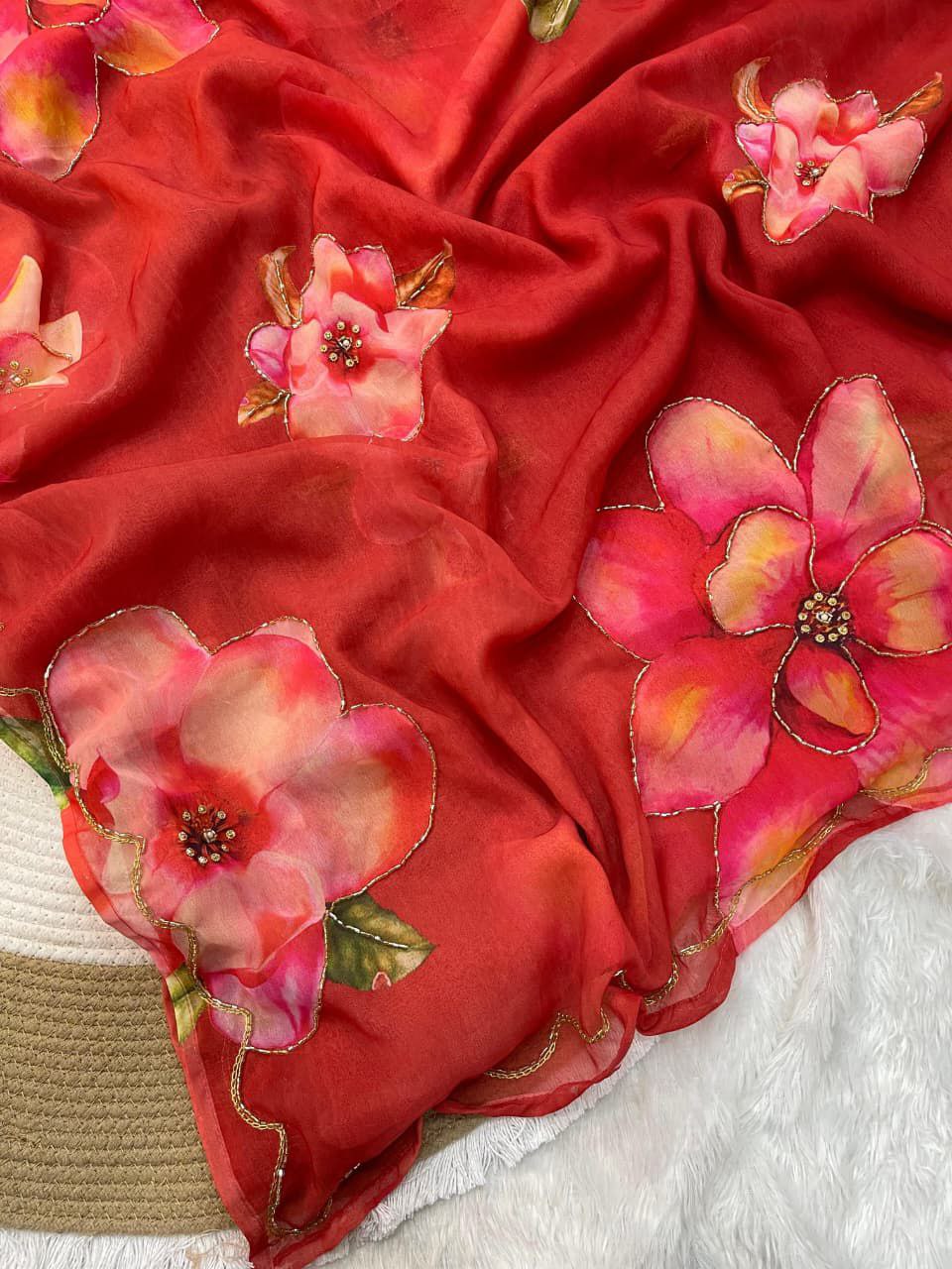 Soft Georgette Saree with Floral Print & Handwork Cutdana with Raw Silk Blouse