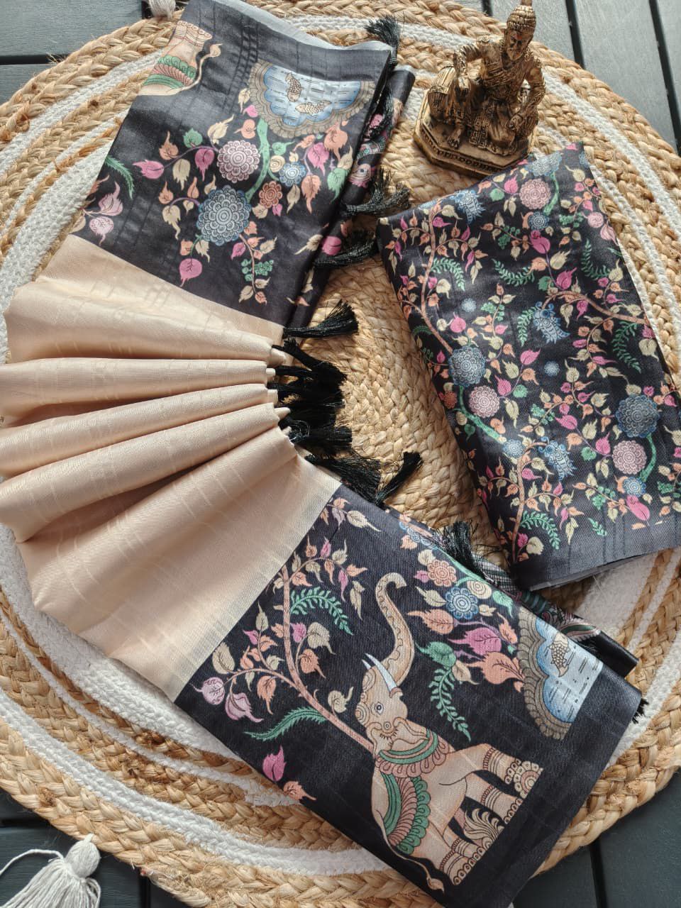 Heavy Handloom Tussar Silk Saree with Gajraj Chitrakala Digital Print & Blouse