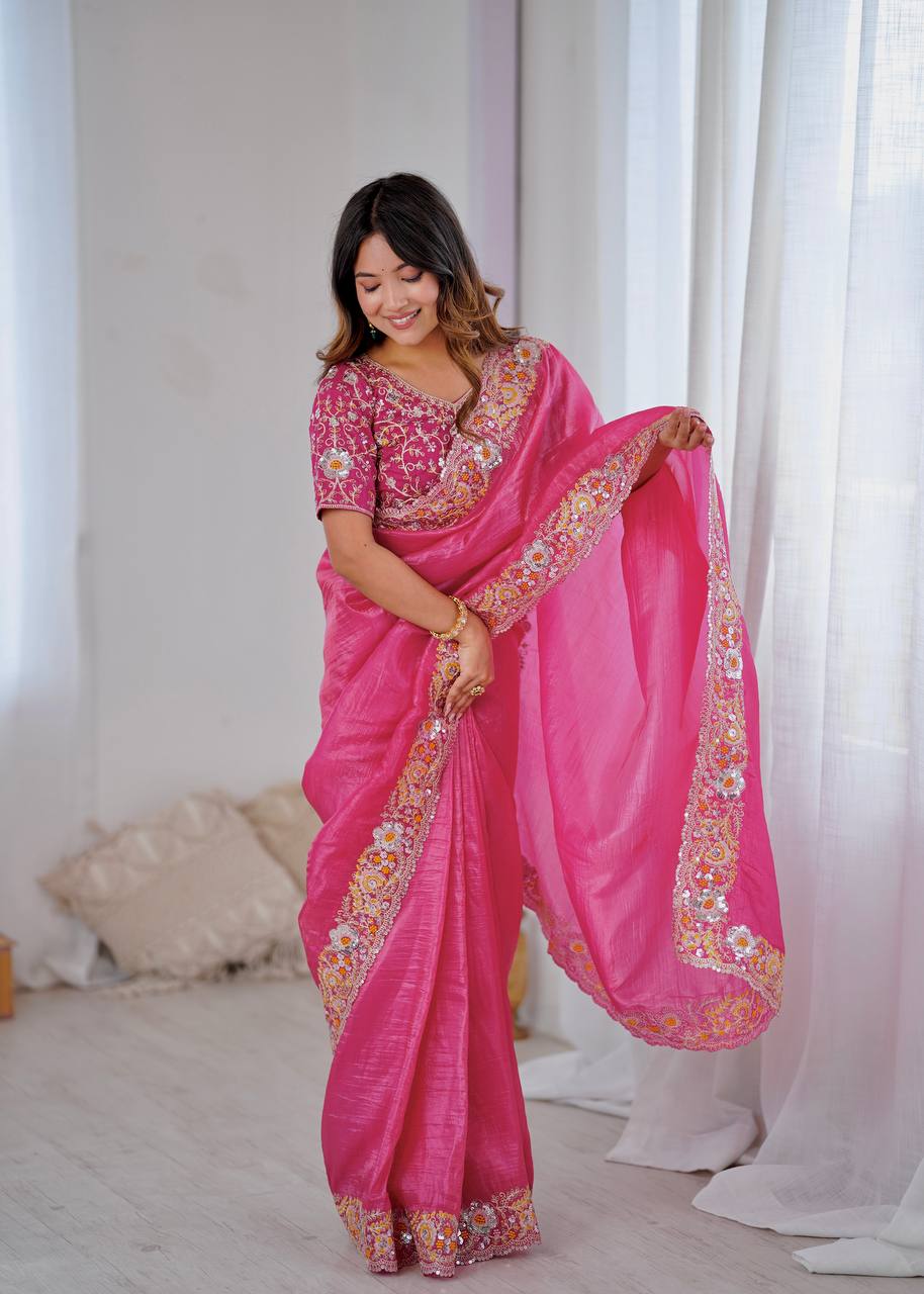 Premium Gold Crush Silk Saree with Heavy Embroidery & Sequins Work