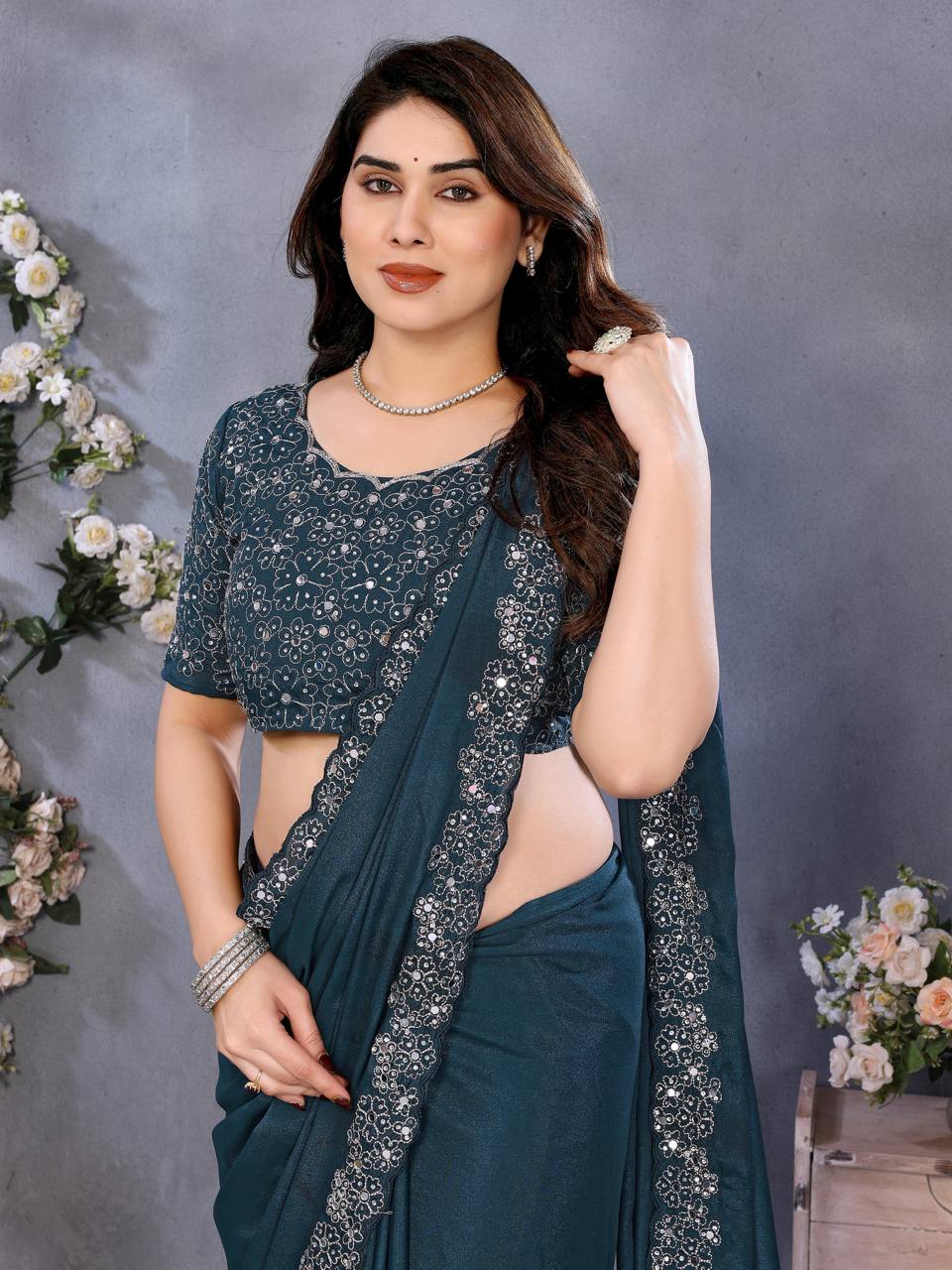 Soft Star Georgette Silk Saree with Mirror Hand Embroidery & Cutwork Border