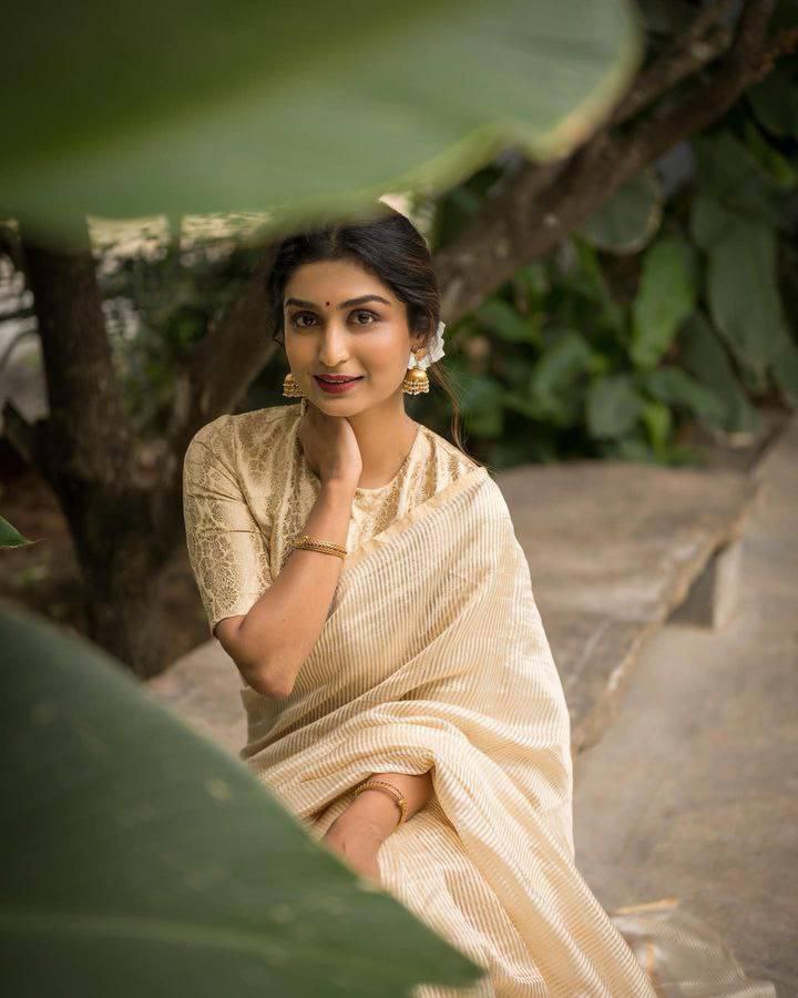 White Organza Saree with Golden Zari Stripes and Brocade Jacquard Blouse