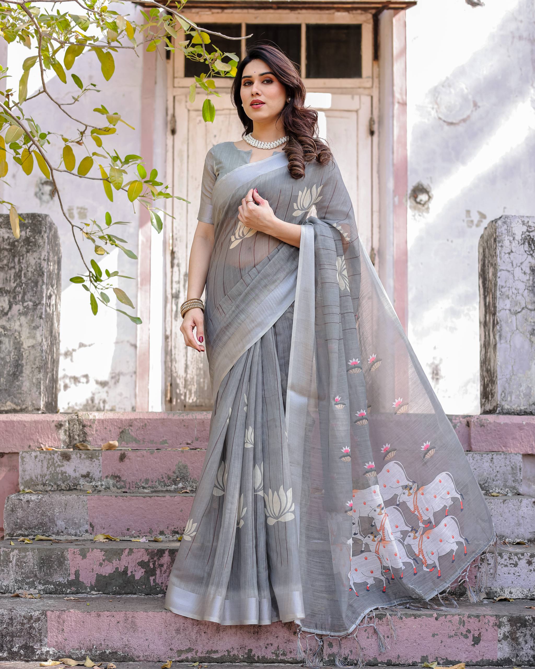 South Hit Printed Linen Cotton Saree with Blouse