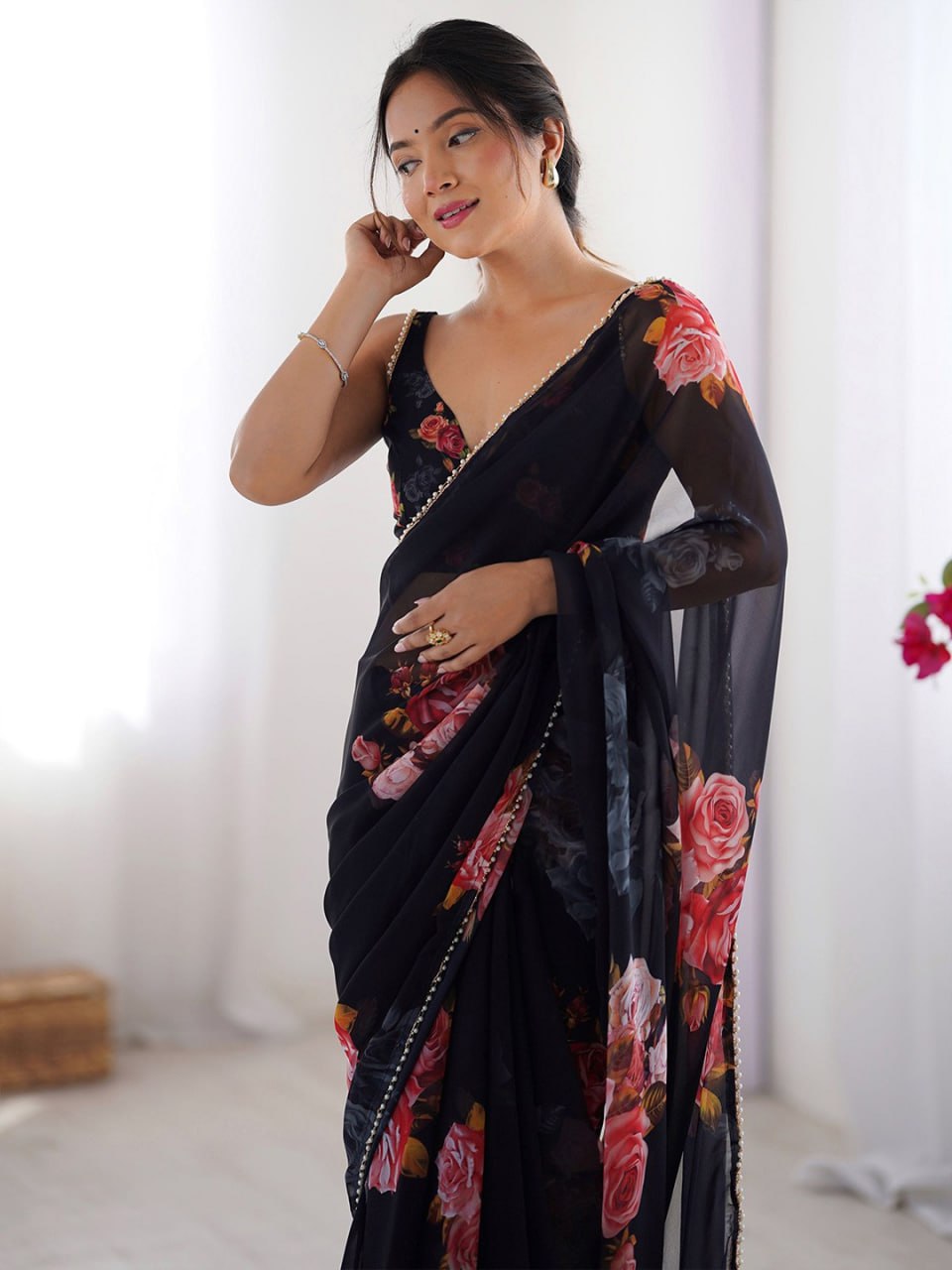 Black Printed Georgette Saree with Moti Lace & Satin Patta Blouse