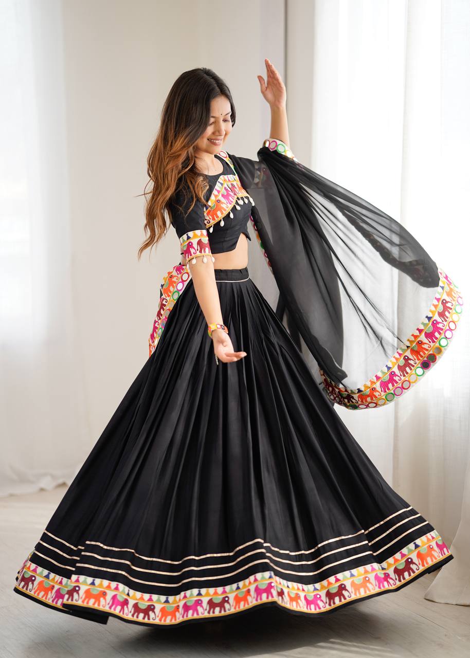 Black Heavy Rayon Lehenga with Gamthi, Real Mirror & Tassel Work