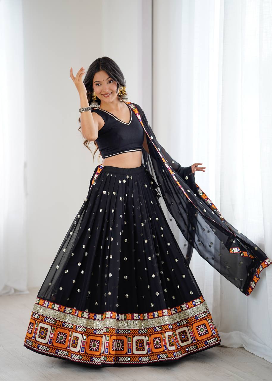 Black Designer Faux Georgette Lehenga Choli Set with Real Mirror & Chain Stitch Work