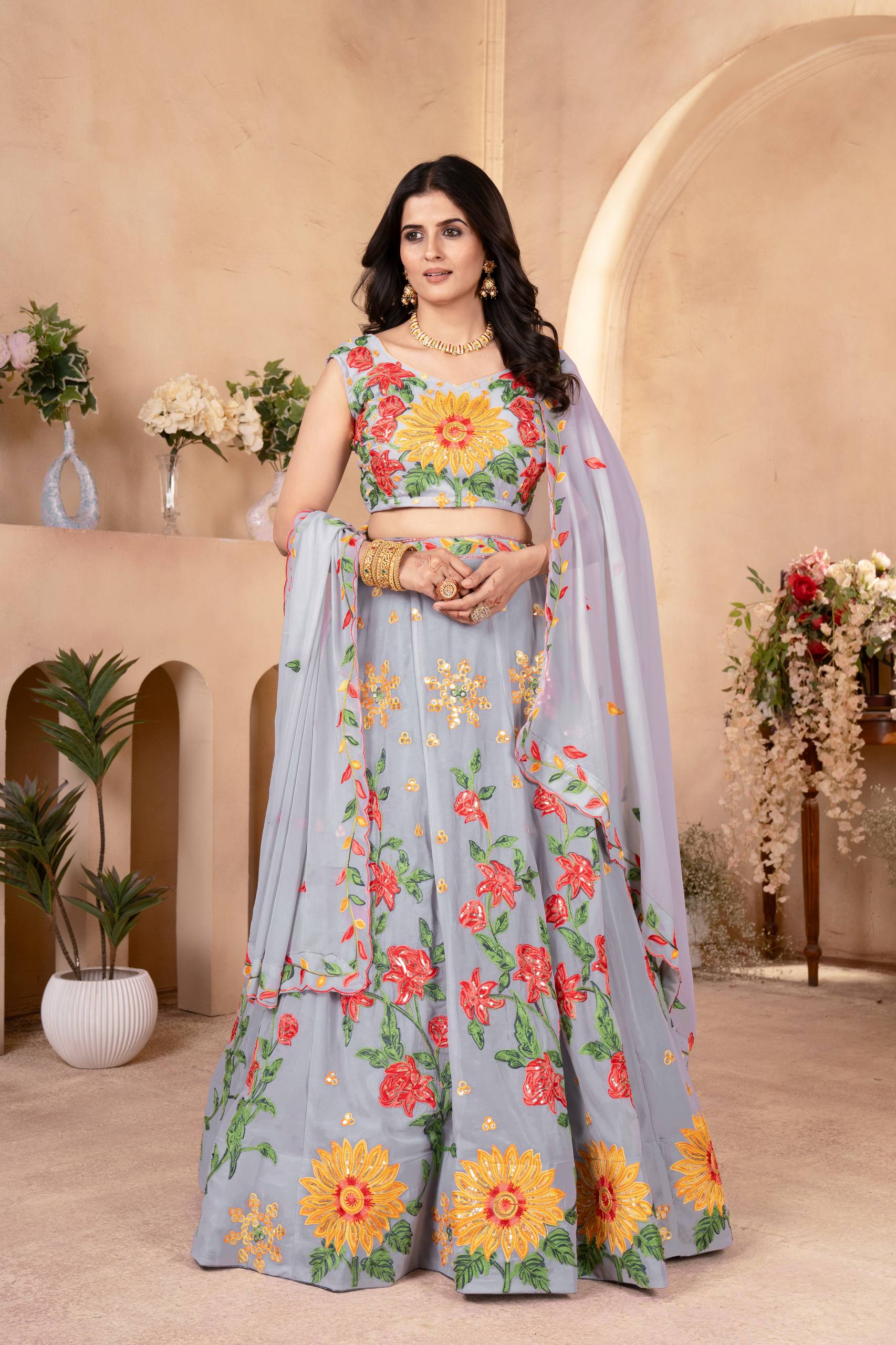 Light Blue Georgette Embroidery Bridal Lehenga