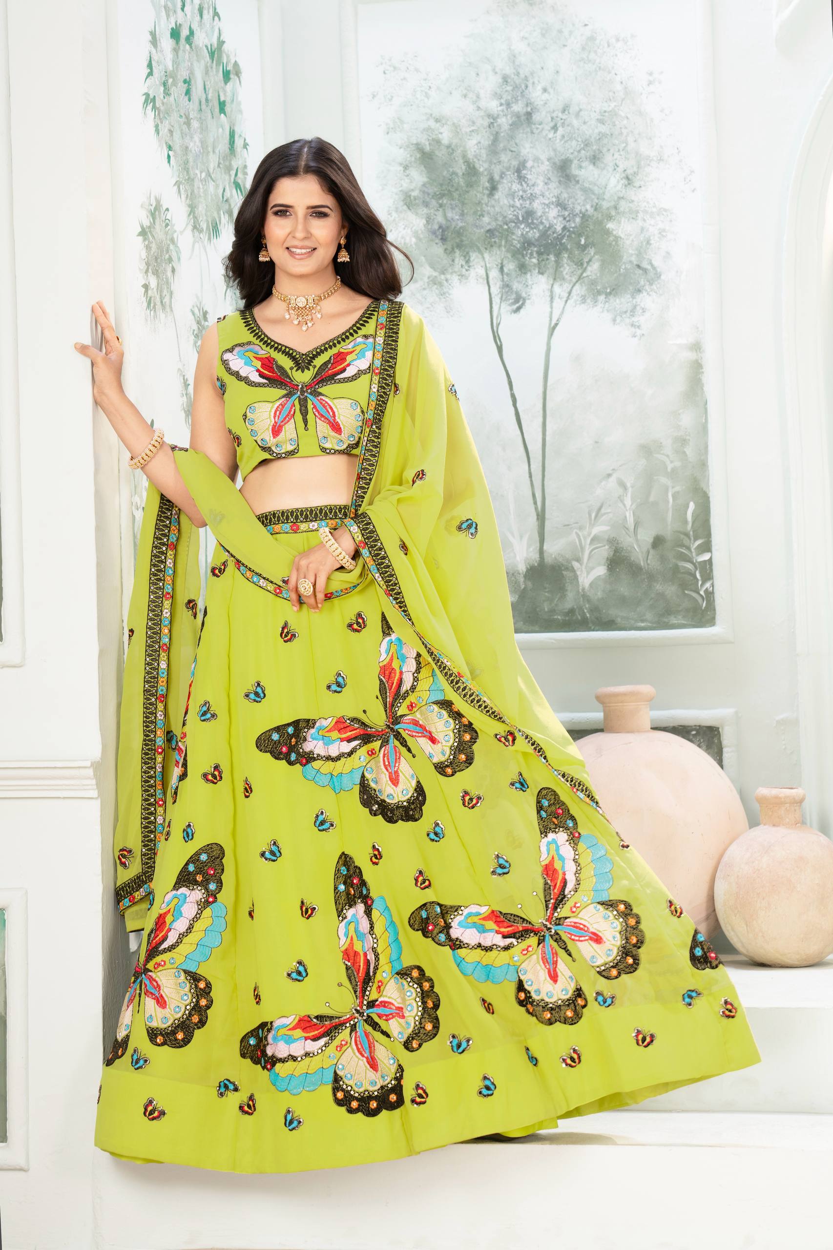 Colorful Faux Georgette Lehenga with Butterfly Work Designer Look for Celebrations