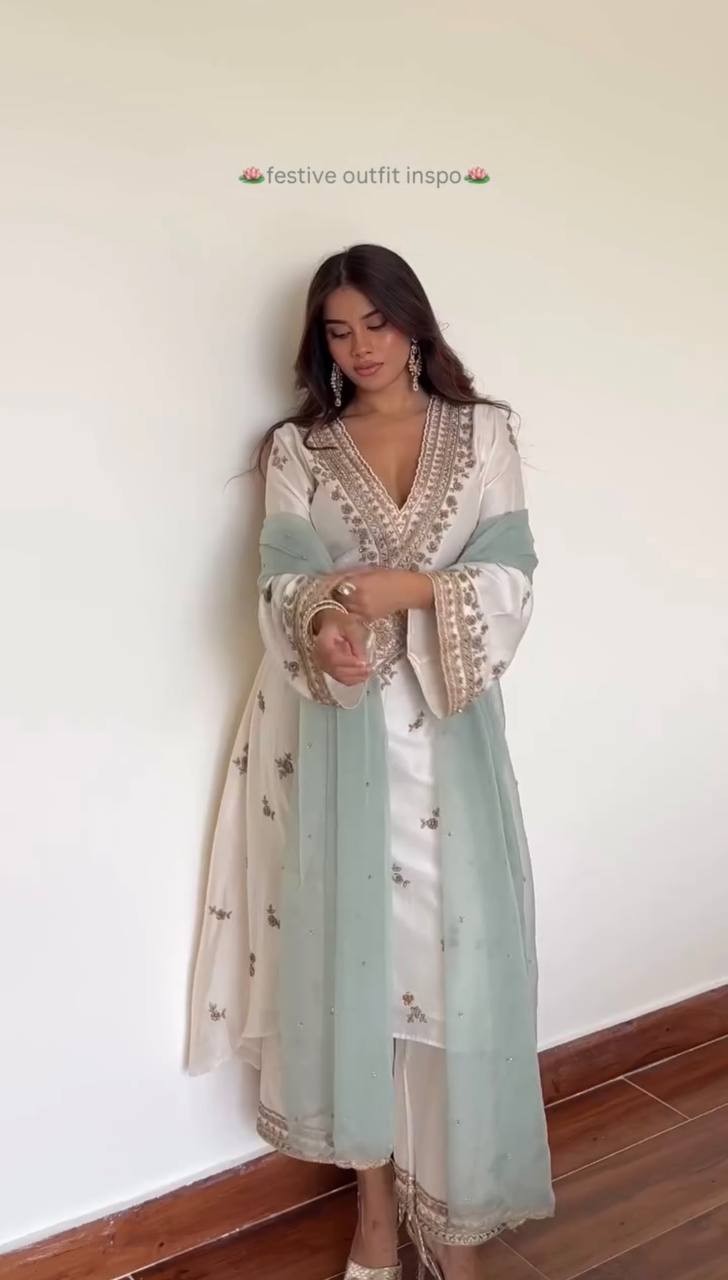 Designer Heavy Natural Silk Embroidered Salwar Suit with Dupatta – Sequence Work