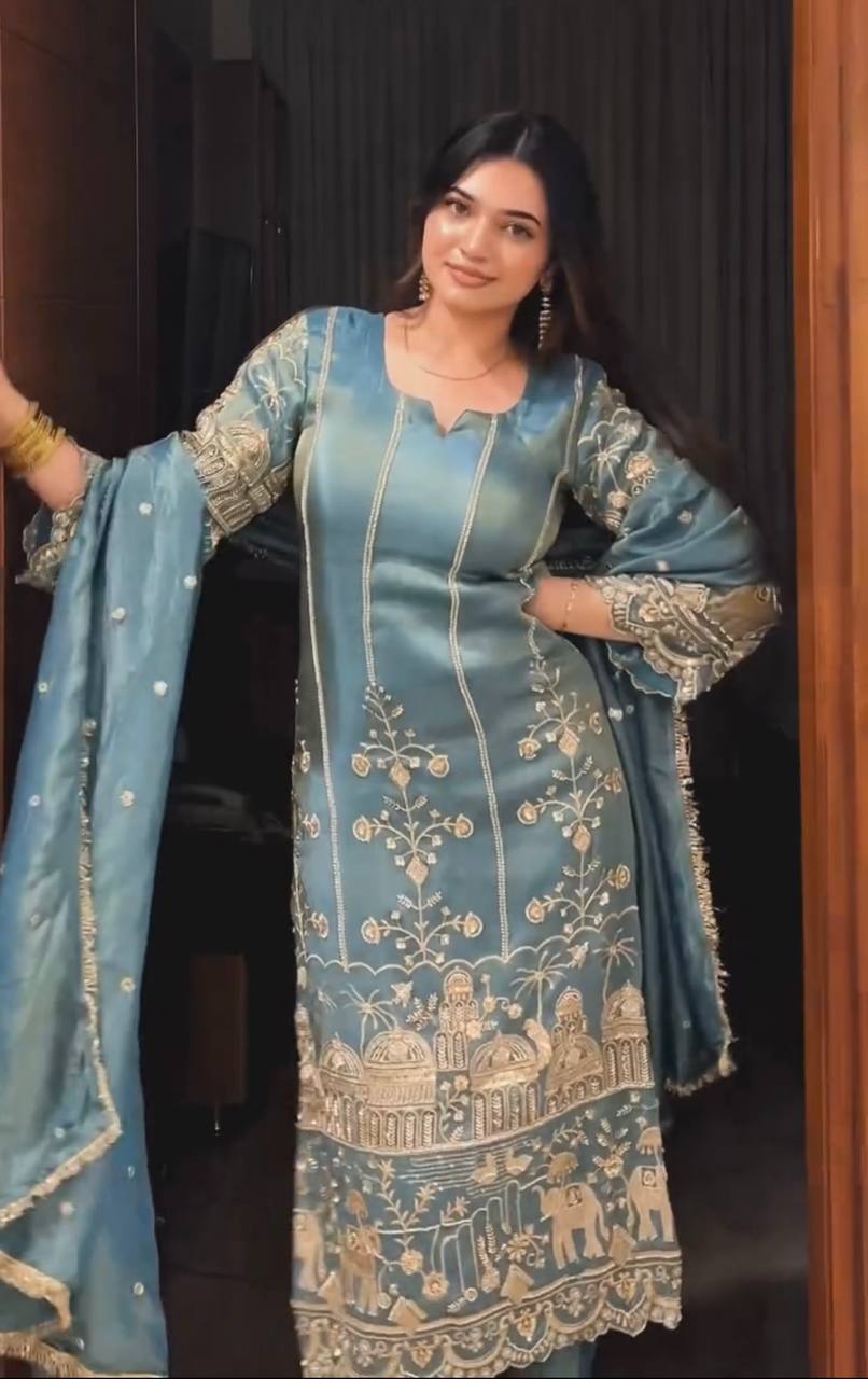 Designer Heavy Jimmy Choo Organza Suit Set with Dupatta – Chine Sequence Work