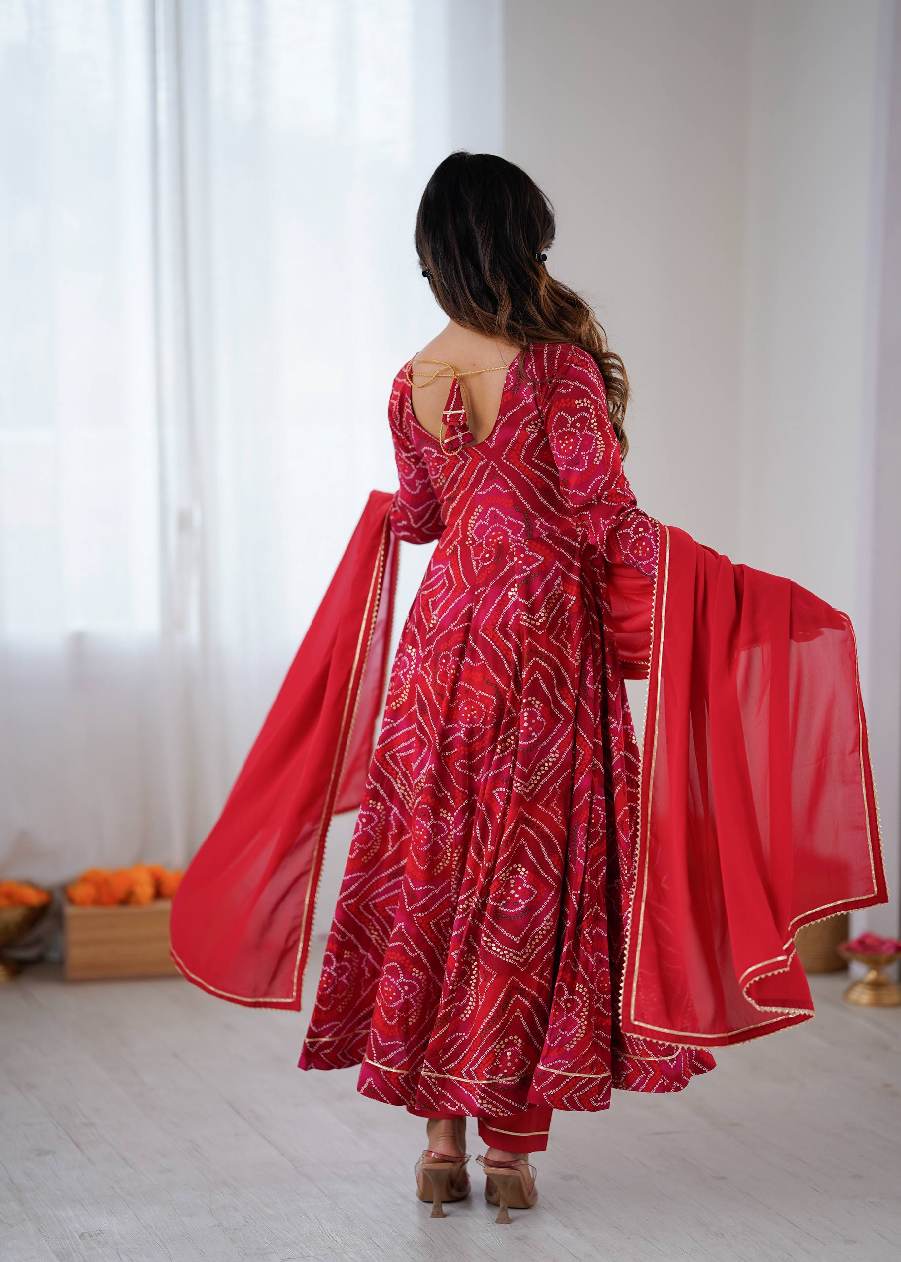 Bandhani Printed Sweetheart Neck Anarkali Kurta With Trousers & Dupatta