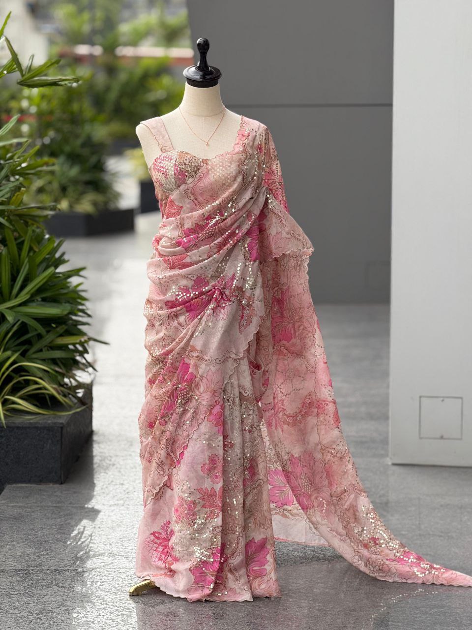 Pure Jimmy Organza Digital Printed Saree with Sequins Work & Unstitched Blouse
