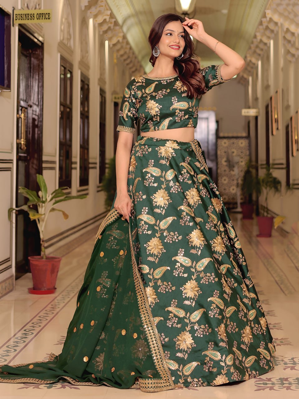 Dark Green Heritage Lehenga Set
