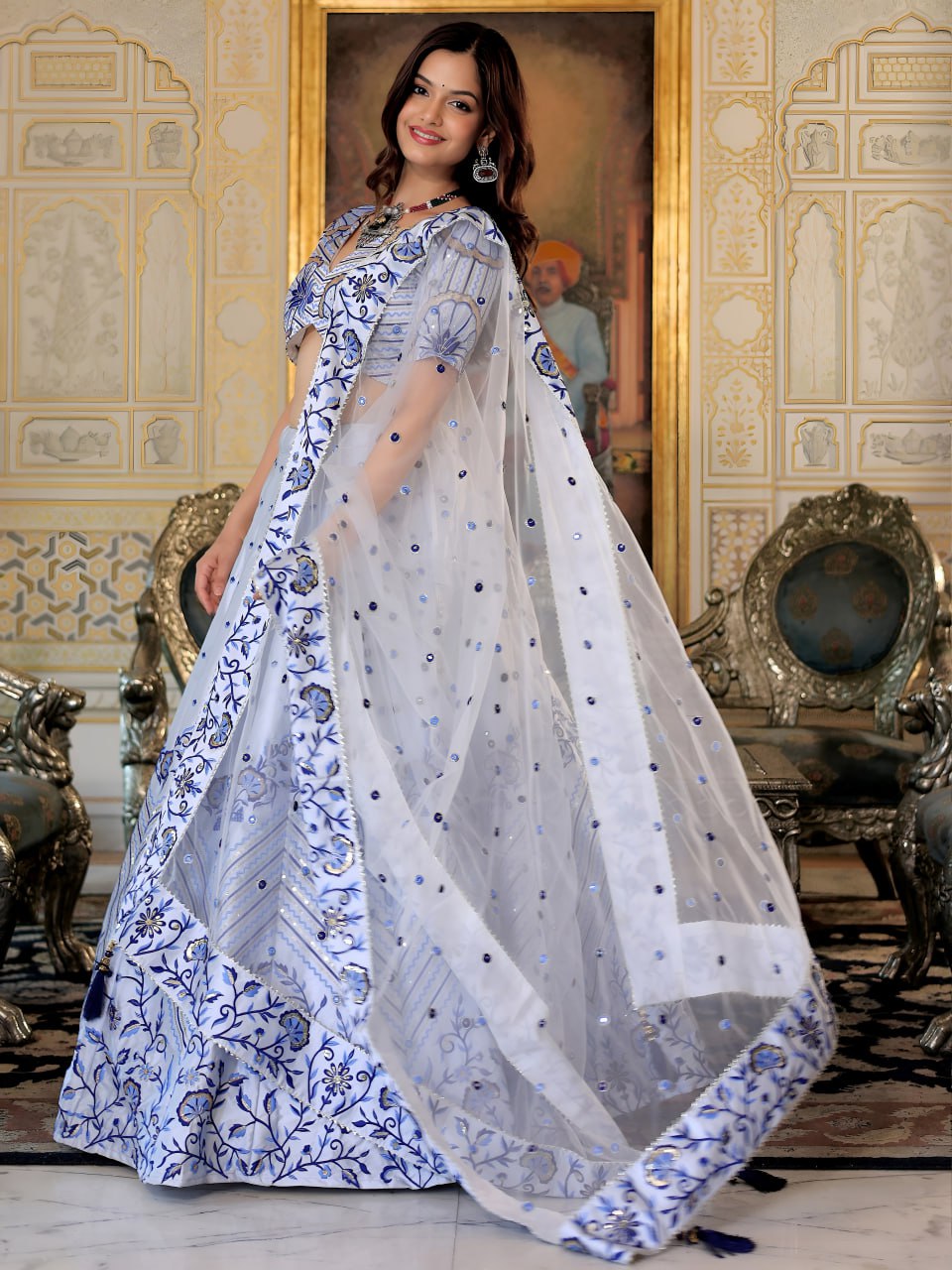White and Blue Heritage Lehenga Set
