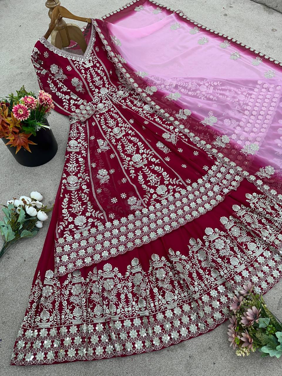 Designer Faux Georgette Gown & Lehenga Set with Embroidery Sequins & Dupatta