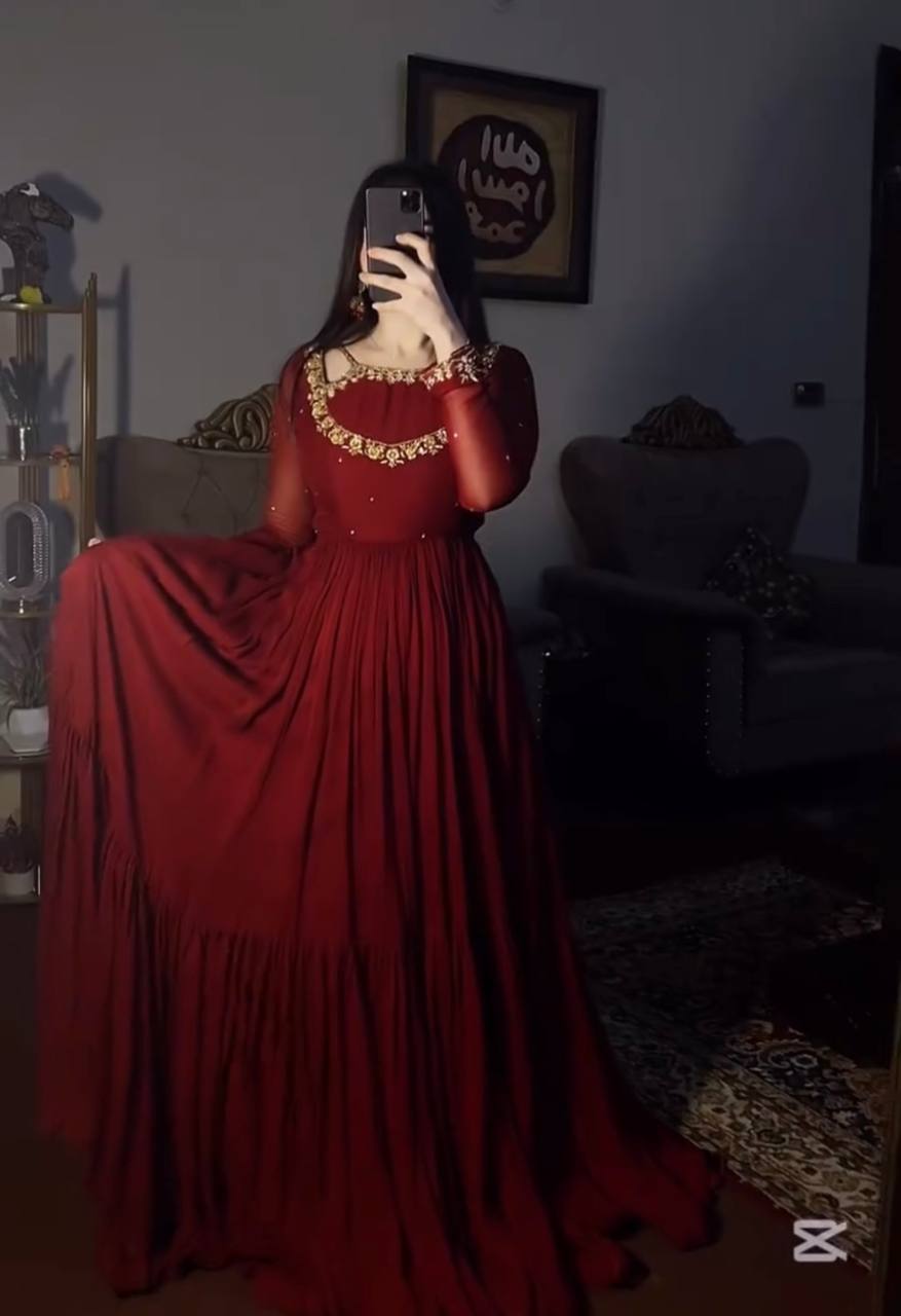 Designer Faux Georgette Party Wear Gown Set with Dupatta & Bottom – Embroidery and Sequins Work